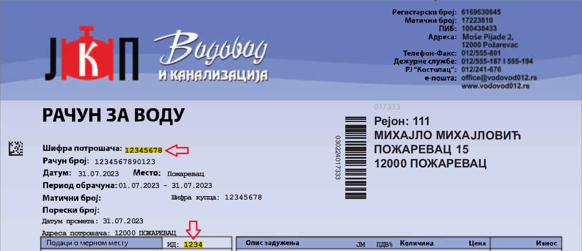 Primer racuna za vodu